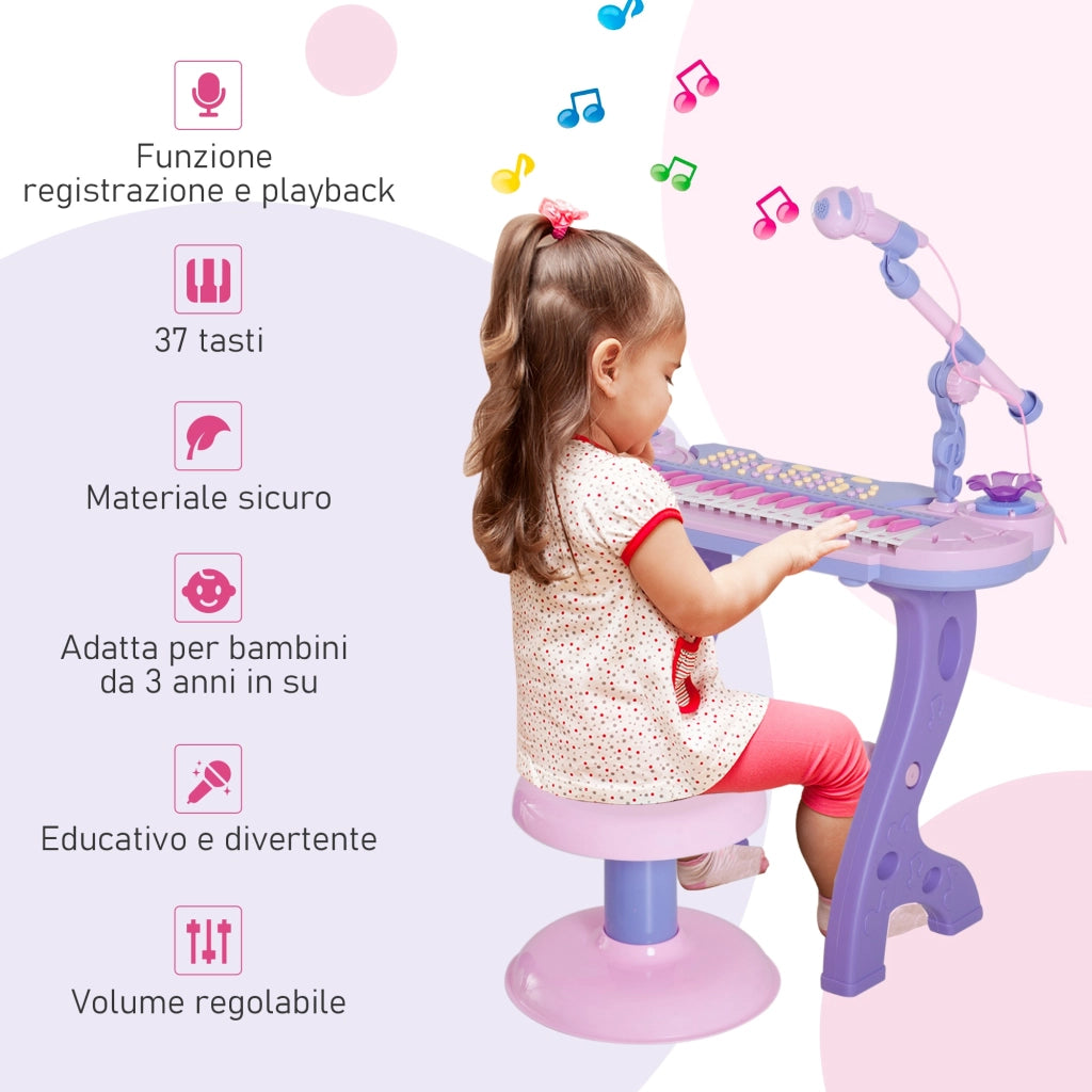 EasyComfort Pianola per Bambini a 37 tasti con Sgabello e Microfono, 12 Strumenti e 22 Musiche, Registrazione, MP3 e Karaoke, Rosa