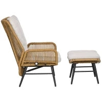 Poltrona da giardino con poggiapiedi in rattan PE, schienale inclinabile e cuscini, design bohémien
