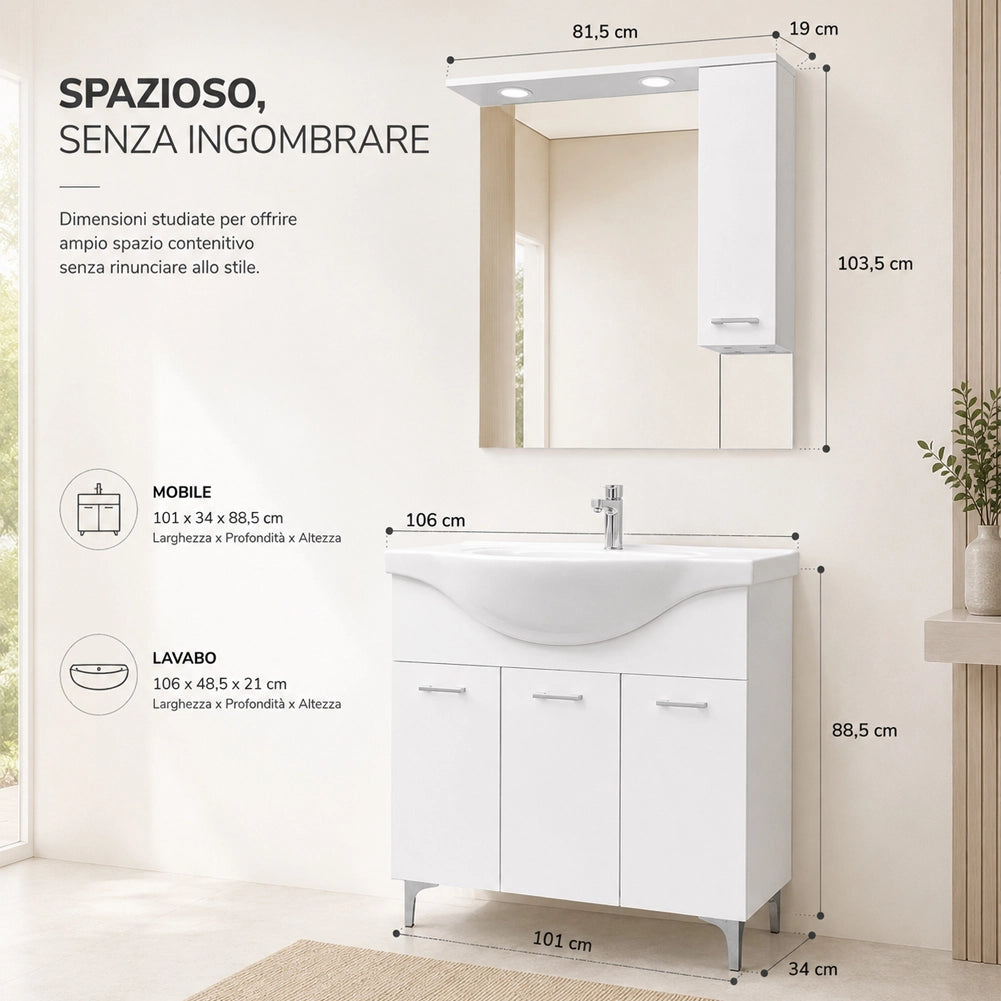 Set Completo Mobile da Bagno da Terra 101cm Tre Ante Bianco Specchio e Accessori