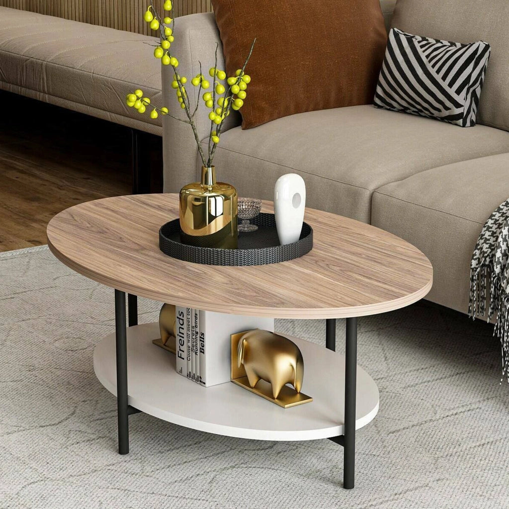 Subiaco, Tavolino da Salotto Forma Ovale, 60x90x36h cm Bianco Quercia
