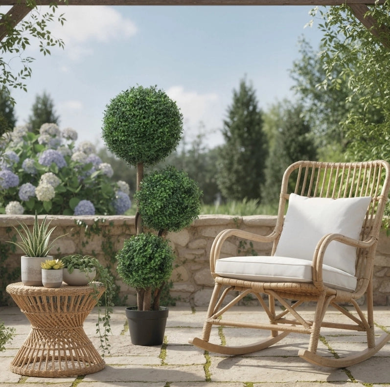 Bosso artificiale a tre sfere 30 x 30 x 100 cm in plastica verde con vaso