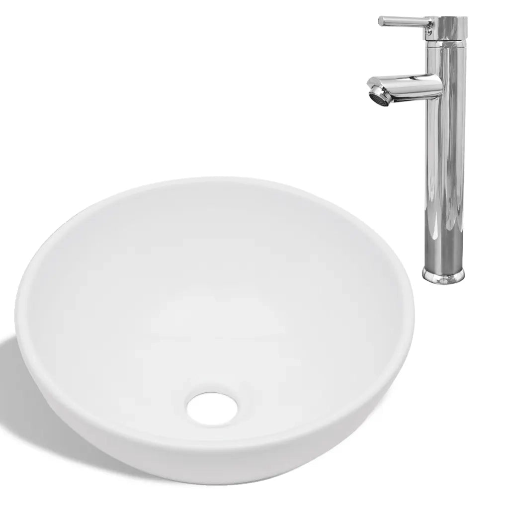 Lavello Bagno con Miscelatore in Ceramica Rotondo Bianco CFW6873772