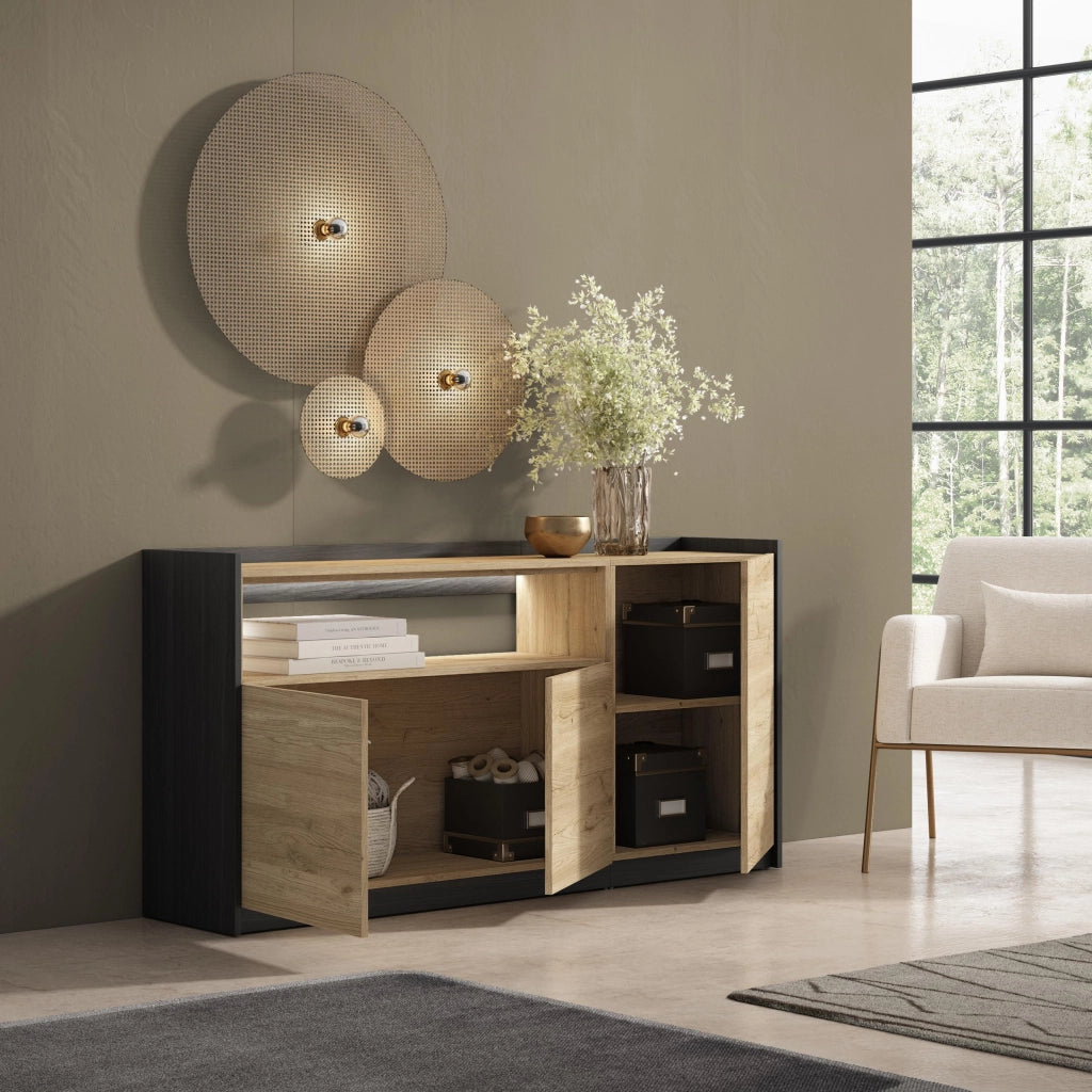Credenza, Mobile, Cucina, 156x80x37 cm, 3 Porte, LED, Rovere e nero