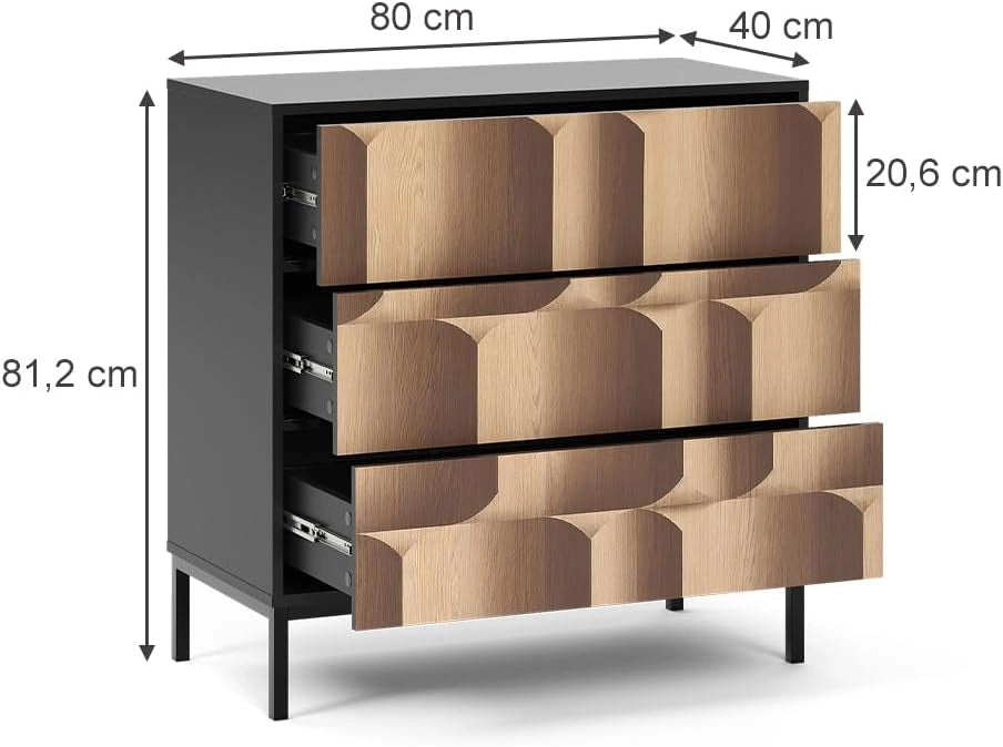 Cassettiera Eliza, Nero/quercia, 80 x 81.2 cm con 3 cassetti, per la conservazione e l’organizzazione in soggiorno o camera da letto