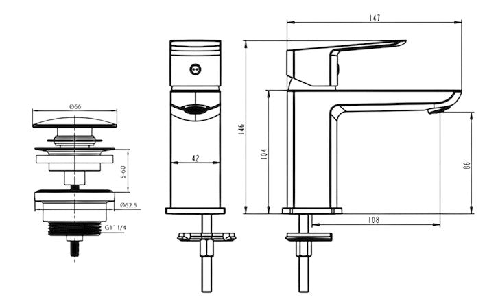 Miscelatore Lavabo Design Minimal con Piletta Click Clack in Ottone 1”1/4 – Cartuccia Ø35 mm