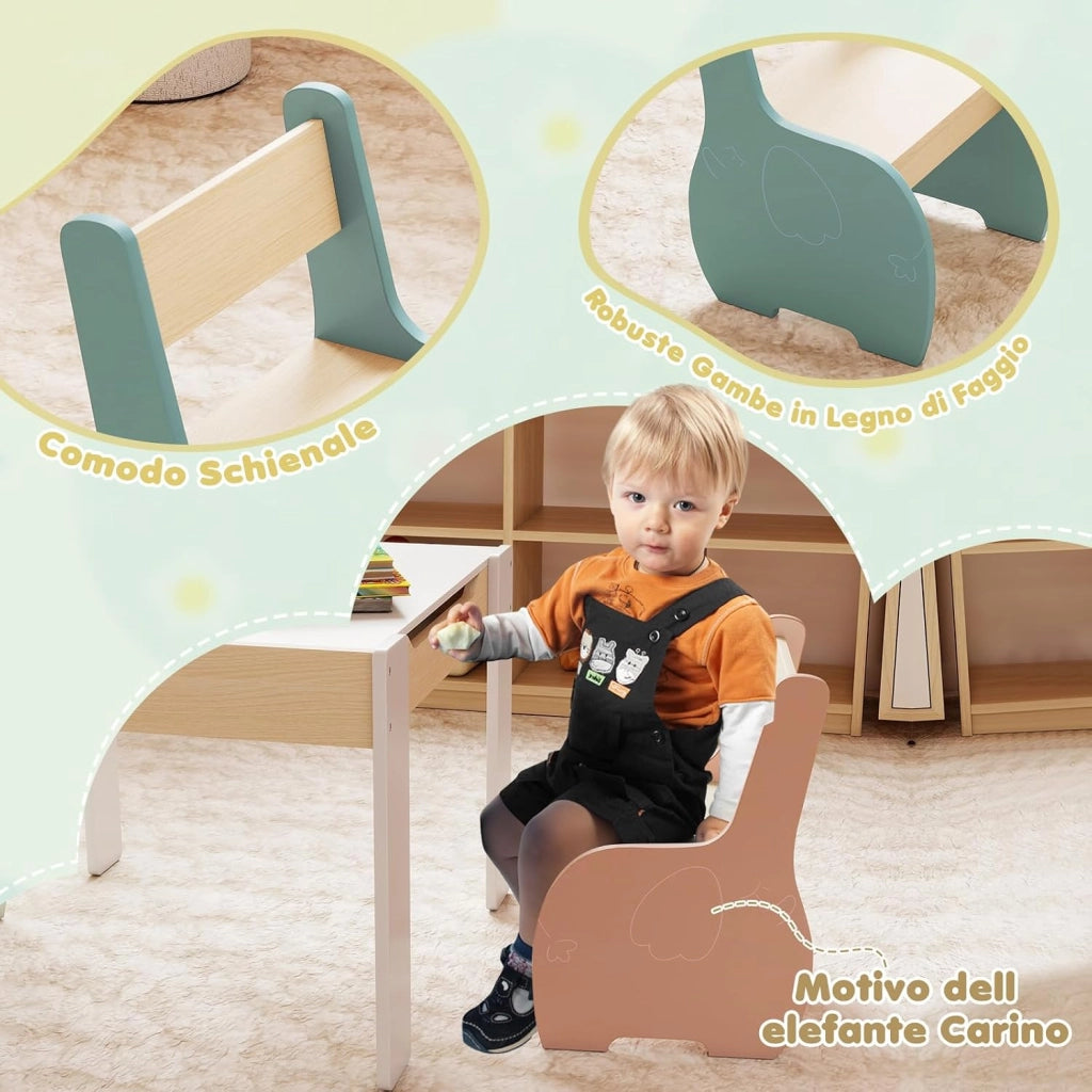 3 in 1 Set Tavolo e Sedie per Bambini, Tavolo da Attività per Bambini con 2 Sedie, Lavagna Rimovibile e Deposito, per Giocare, Disegnare e Leggere, in Legno (Multicolori)
