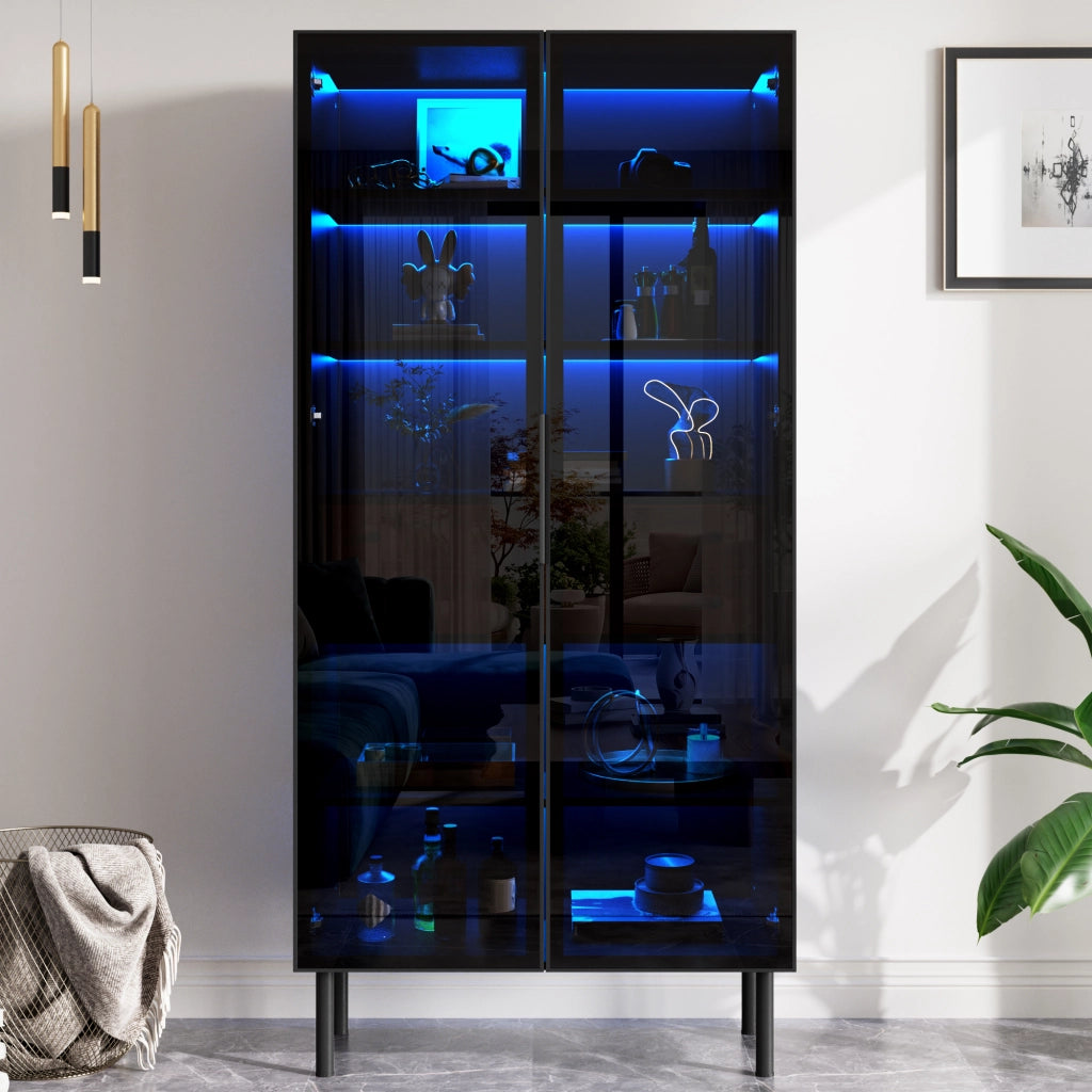 Vetrina con 2 ante in vetro, LED controllato da app, 2 cassetti e ripiani, per soggiorno, nero, 70 × 36 × 170 cm