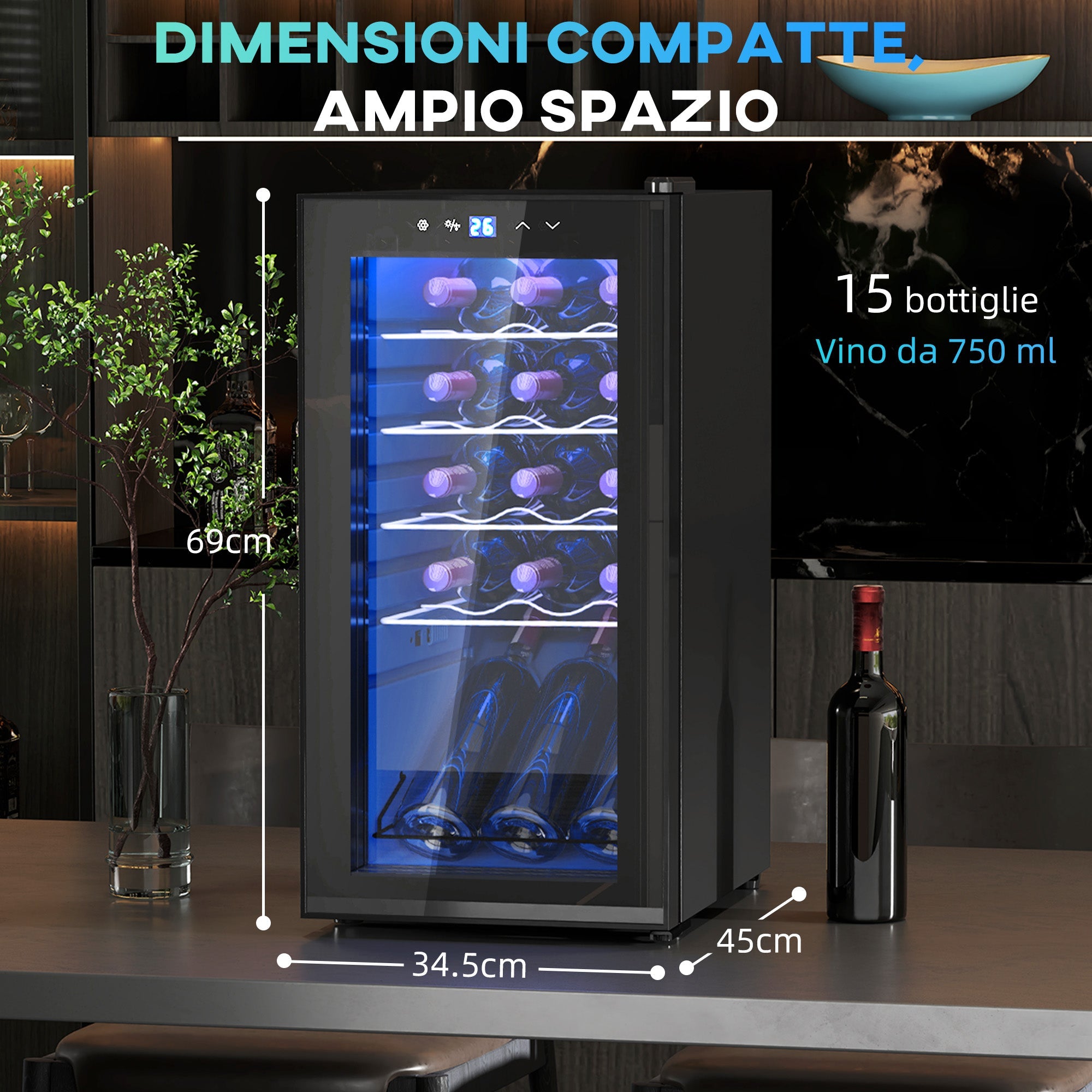 Cantinetta Vino Refrigerata per 15 Bottiglie Capacità 44L con Controllo Temperatura Nero