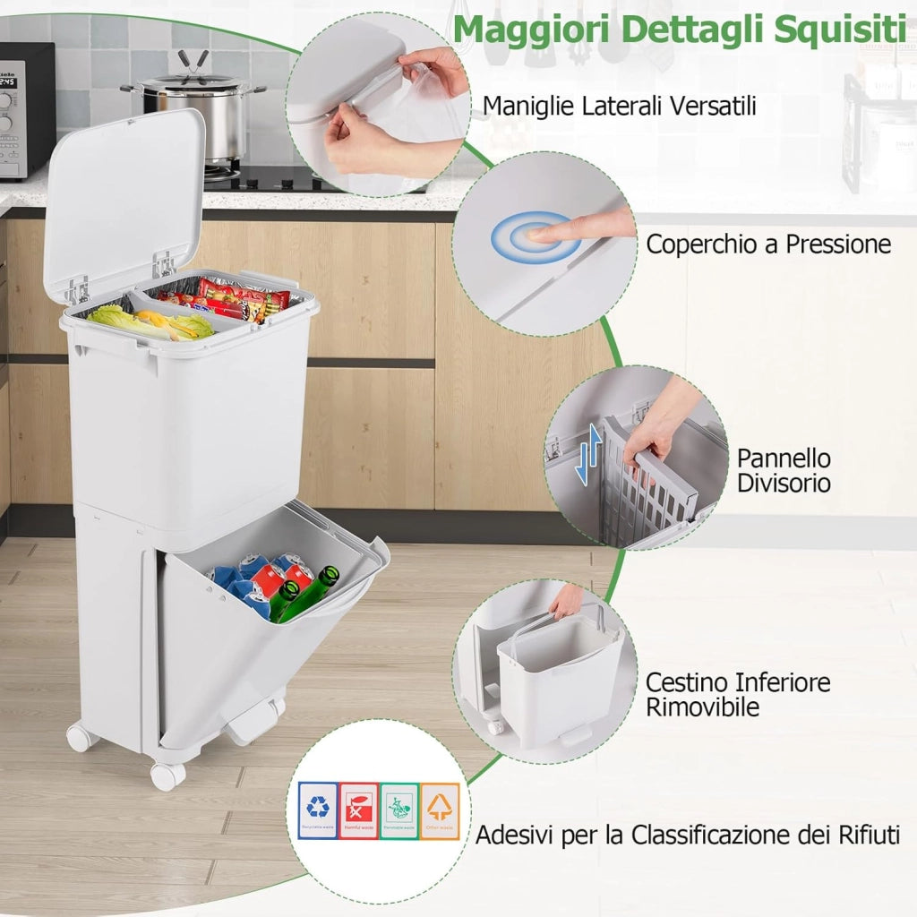 40L Pattumiera Differenziata a 3 Scomparti, Bidone per Spazzatura con Cestino Rimovibile, 4 Ruote, Secchio Rifiuti in Plastica a Pedale per Cucina Sala da Pranzo Soggiorno