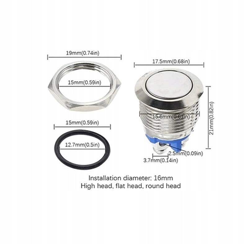 Interruttore Monostabile LED Bianco 12V-24V Fi16 – Acciaio Inox Spazzolato, Resistente agli Atti Vandalici