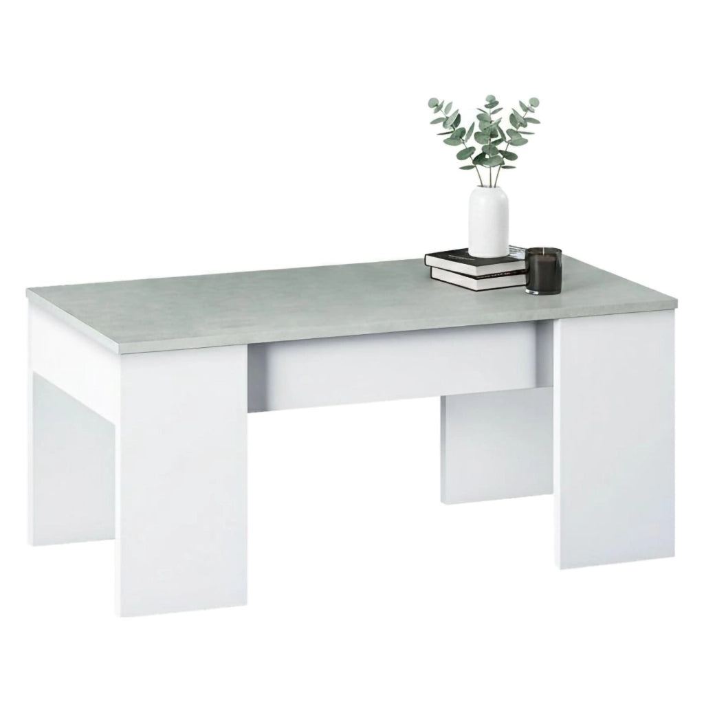 Tavolino da salotto Almas, Tavolino da caffè con piano elevabile, Tavolo basso da soggiorno, cm 100x50h45/56, Bianco e cemento