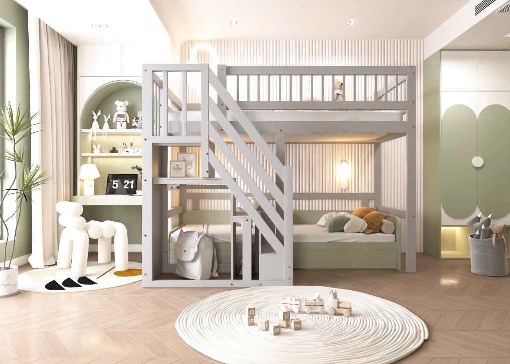 DESMIU Letto a Soppalco Singolo con Scala Contenitore e Sponde 90 × 200 cm, senza materasso, Grigio