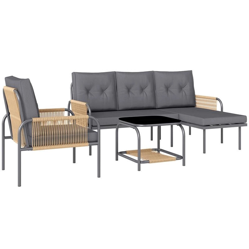SALOTTO DA GIARDINO 4 PEZZI IN RATTAN CON DIVANO CHAISE LONGUE POLTRONA E TAVOLINO CON CUSCINI GRIGIO