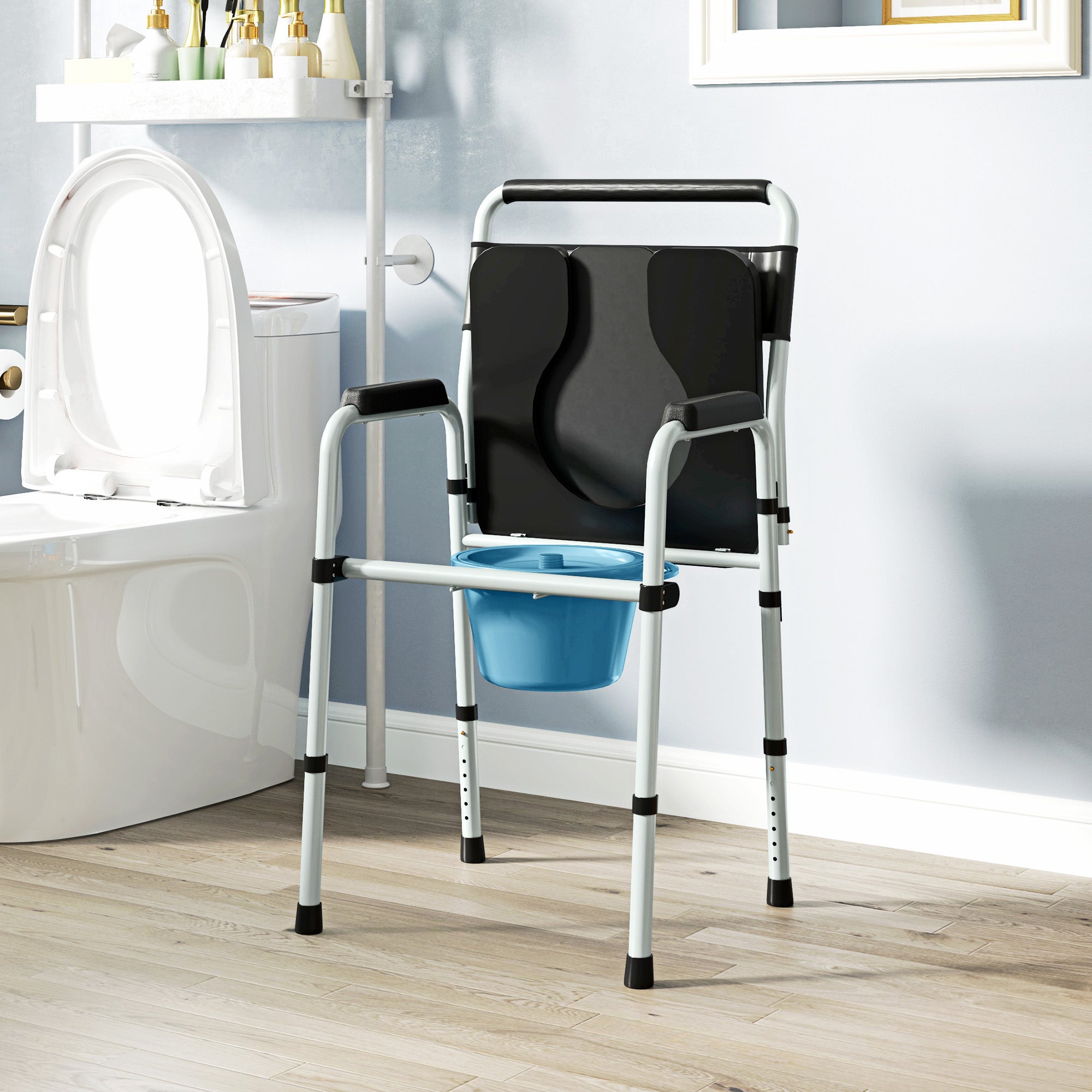 Sedia WC per Anziani e Disabili 52,5x46x81,5-97 cm Pieghevole e Regolabile in Acciaio e Pelle PU Nero