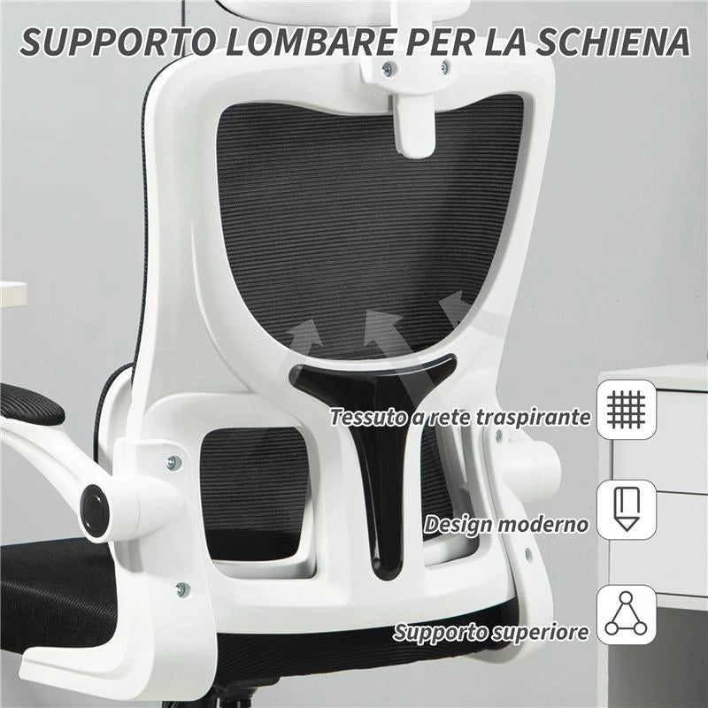 SEDIA DA UFFICIO REGOLABILE E RECLINABILE CON POGGIATESTA RIMOVIBILE, IN TESSUTO A RETE, 60X59X114-122 CM, NERO