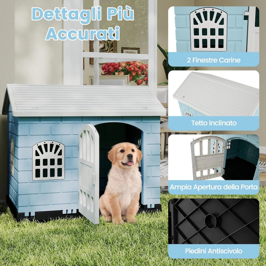 Cuccia per Cani da Esterno ed Interno, Casetta per Cani con Porta Bloccabile, 3 Finestre e Tetto Inclinato, Cucce in Plastica Impermeabile per Cagnolini Piccoli, 75 x 58 x 65 cm (Blu)
