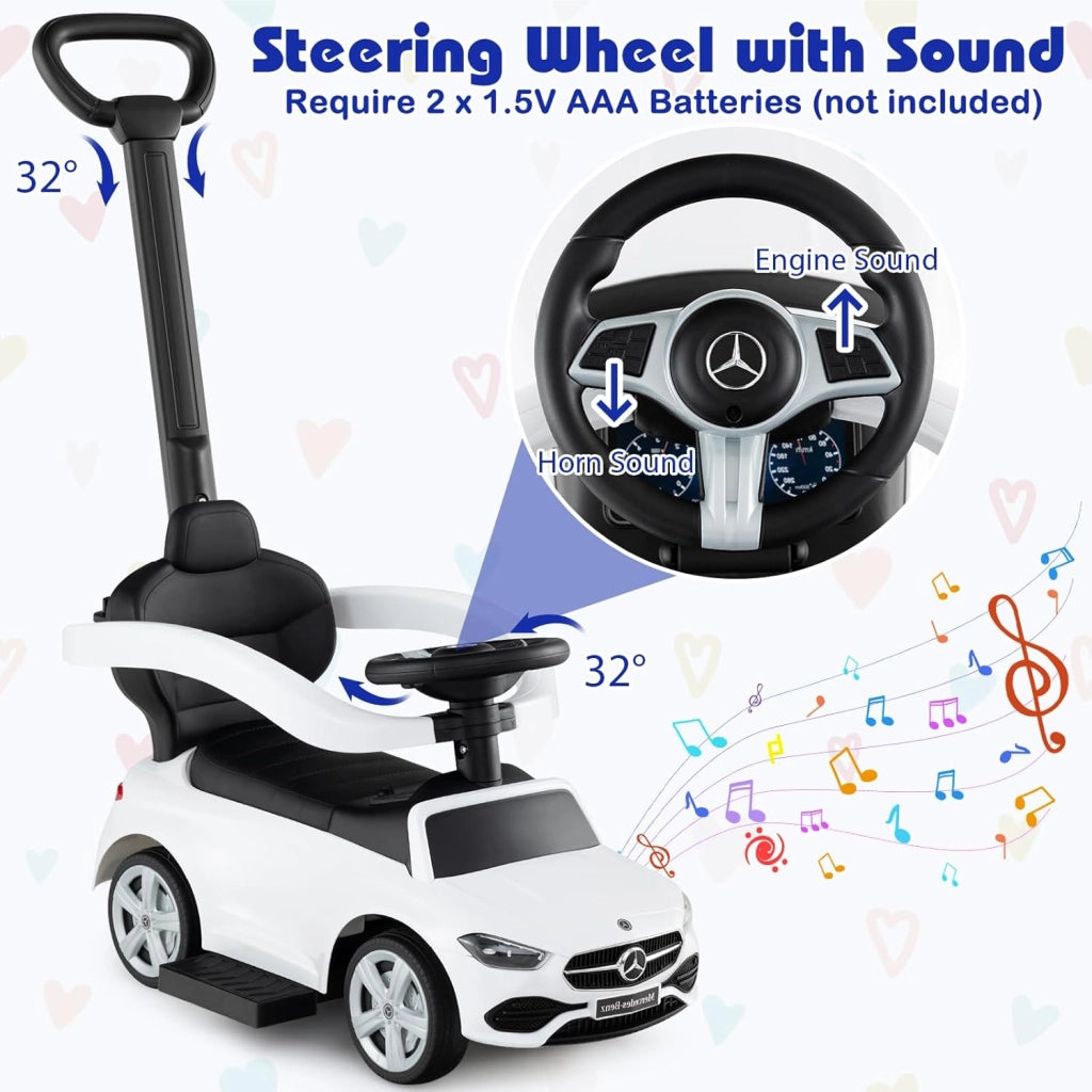 Macchina Cavalcabile per Bambini con Licenza Mercedes-Benz 3 in 1, Capote Regolabile, Guida Realistica con Volante e Clacson, Capacità di Carico 25 KG, per Bambine e Bambini 1-3 Anni (Bianco)