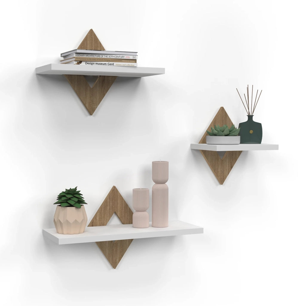 IDMarket - Set di 3 mensole a muro IRIS in faggio e bianco