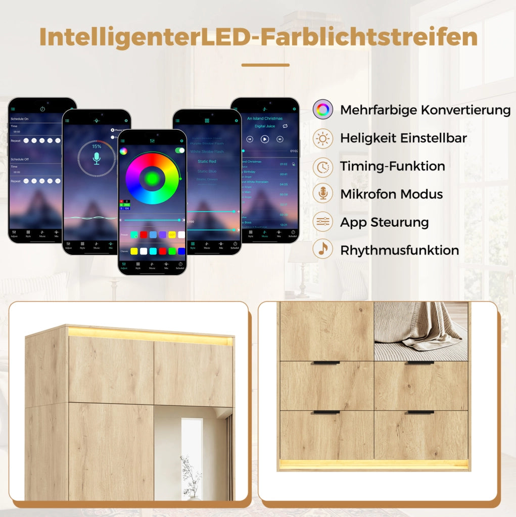 Set guardaroba con specchio; 5 cassetti e 3 strisce LED; 135 × 47 × 200 cm
