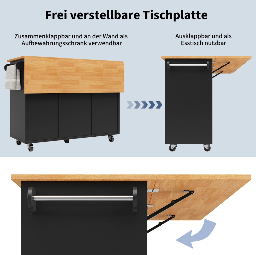 Isola cucina mobile in MDF nero con piano pieghevole e 8 cassetti