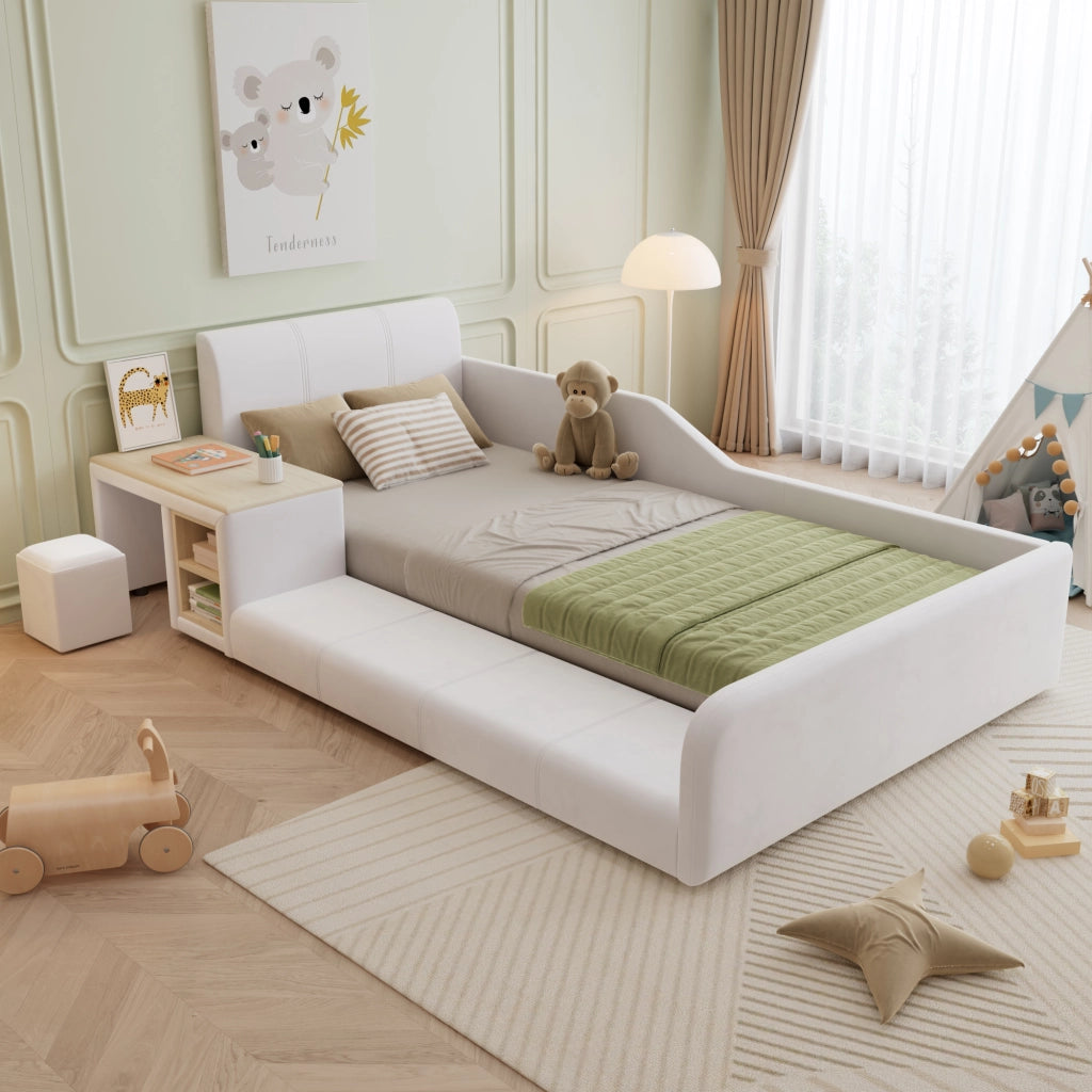 Letto imbottito per bambini con scrivania; sgabello e ripiano; velluto bianco; 90x200 cm; senza materasso