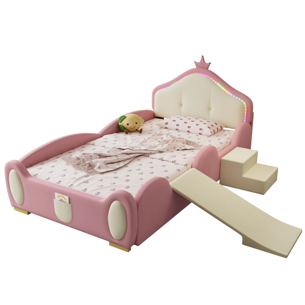 Letto imbottito 90x200 cm con LED; scivolo e scaletta in PU rosa e beige