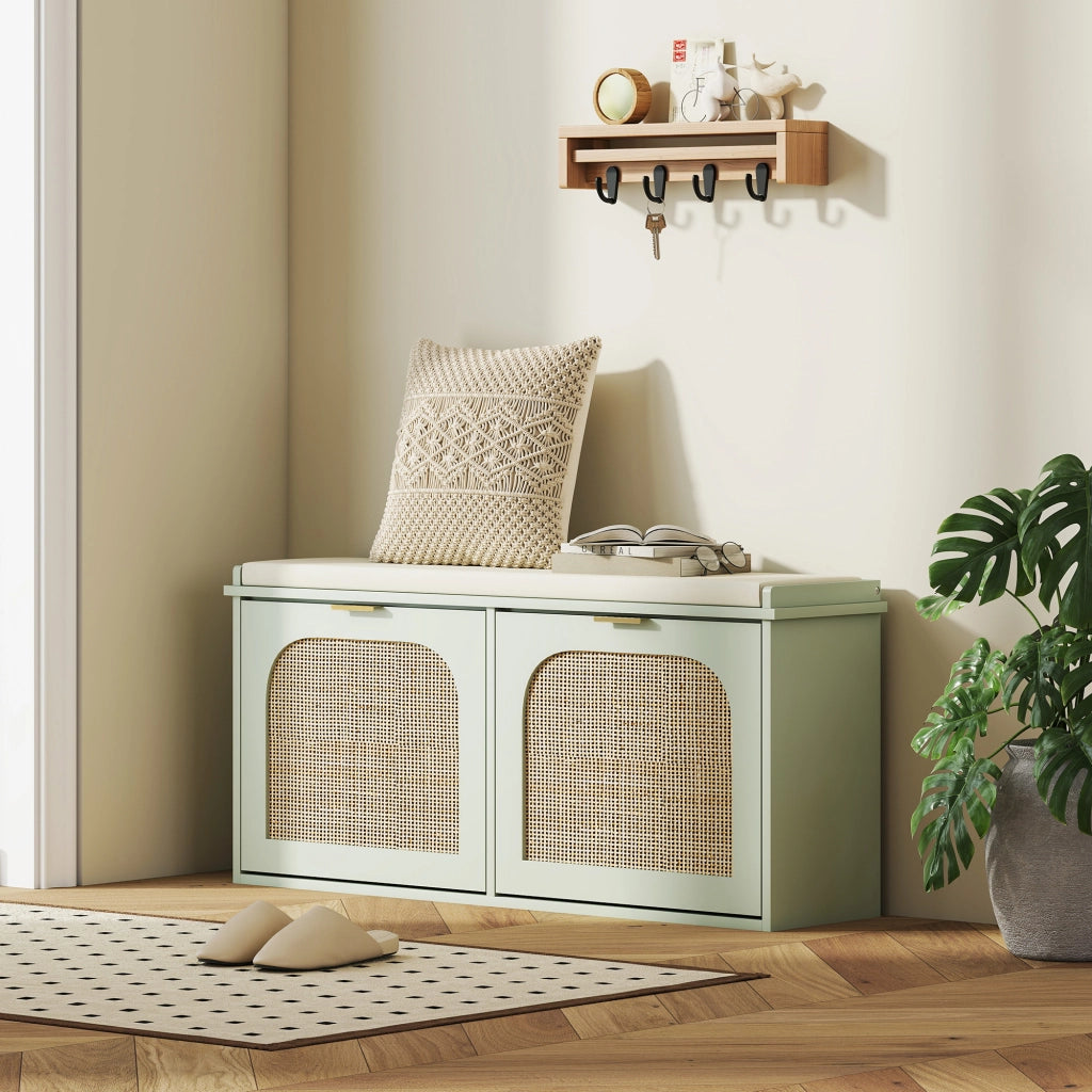 Panca scarpe con cassetti e schienale in rattan ¨C zephmum ¨C 104x26x47,5 cm verde