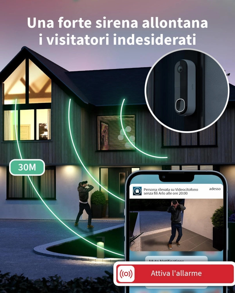 Arlo Essential FHD Videocitofono, Telecamera WiFi Esterno Senza Fili, Campanello Senza Fili da Esterno, Citofono Smart, Sensore Movimento, Visione Notturna, Sirena, Prova Inclusa Secure App, Bianco