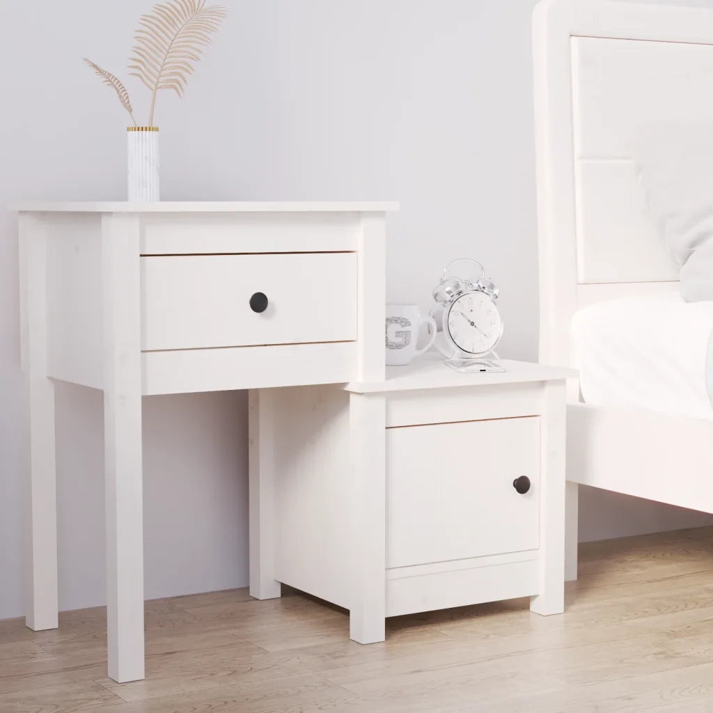 Comodino-Tavolino da notte Bianco 79,5x38x65,5 cm in Legno Massello di Pino