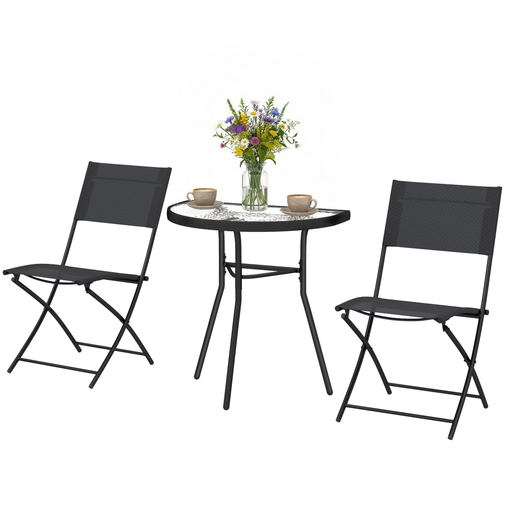Set Bistrot Esterno 3 Pezzi ¨C zephmum ¨C Nero con Tavolo Vetro Semicircolare e Sedie Pieghevoli