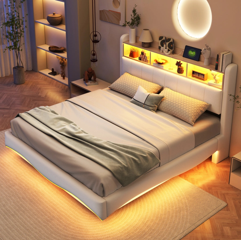 Letto imbottito 160x200 con LED, USB-C e vano contenitivo beige