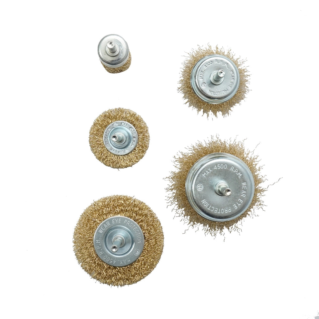 Set di 5 spazzole in filo metallico circolari 50-75 mm, a coppa 50-75 mm, a pennello 25 mm per trapano, Crownman.