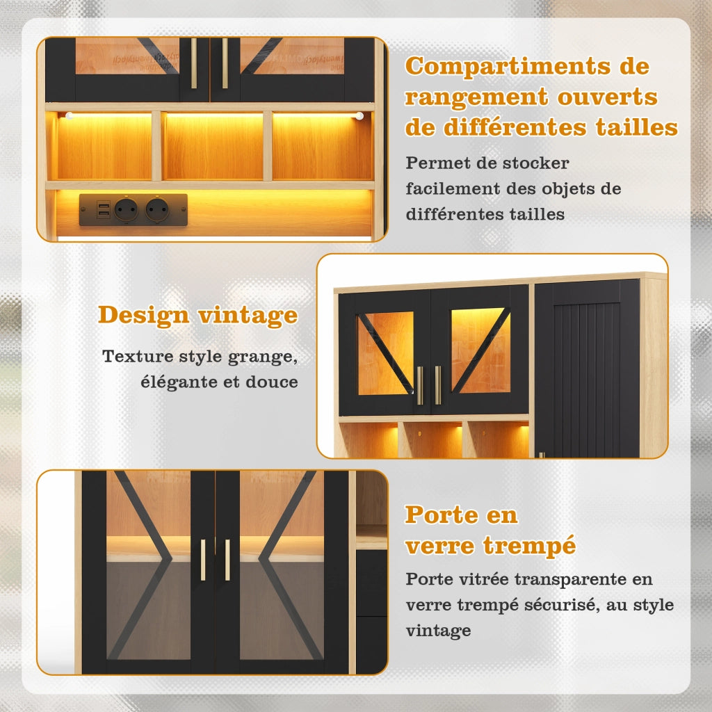 Credenza alta con vetrina e LED a colori, ripiani regolabili, 1 cassetto, prese e porte USB per cucina e soggiorno 185 × 105 × 40 cm