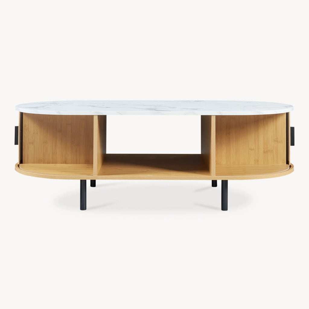 Tavolino Tvedestrand da Salotto con 2 Ante Scorrevoli in Bambù 120 x 55 x 40 cm - Effetto Marmo Bianco / Naturale [en.casa]