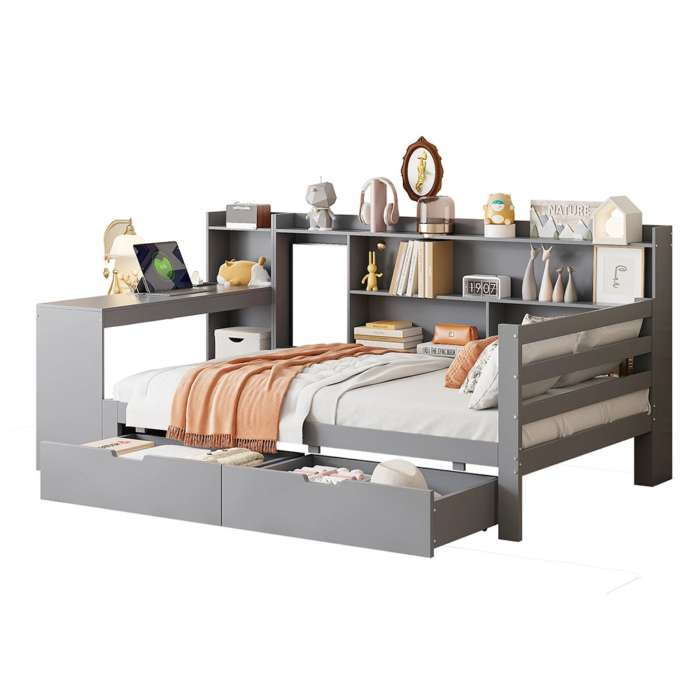 Divano letto-Xylo-90x200 cm-scrivania, scaffali, grigio