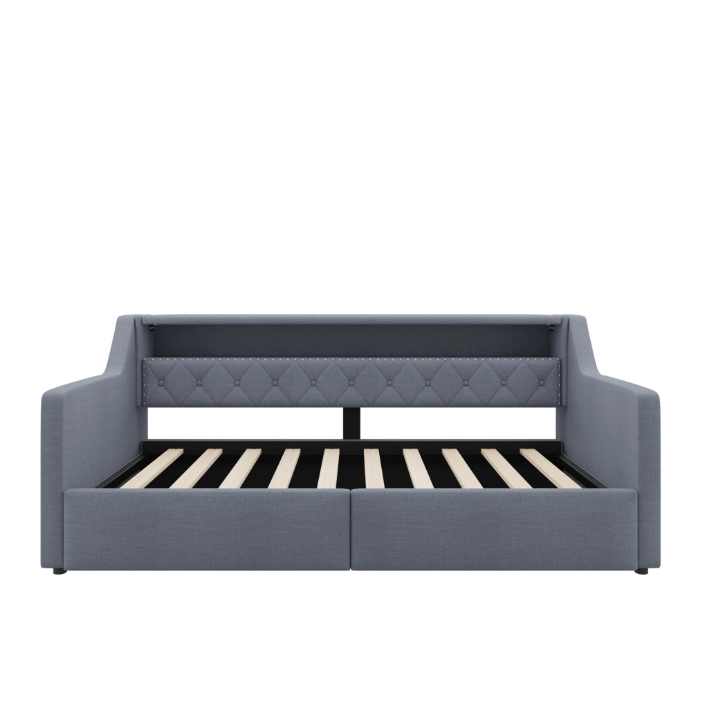Daybed 90 x 200 cm con illuminazione LED; spazio contenitore idraulico; lino e MDF grigio