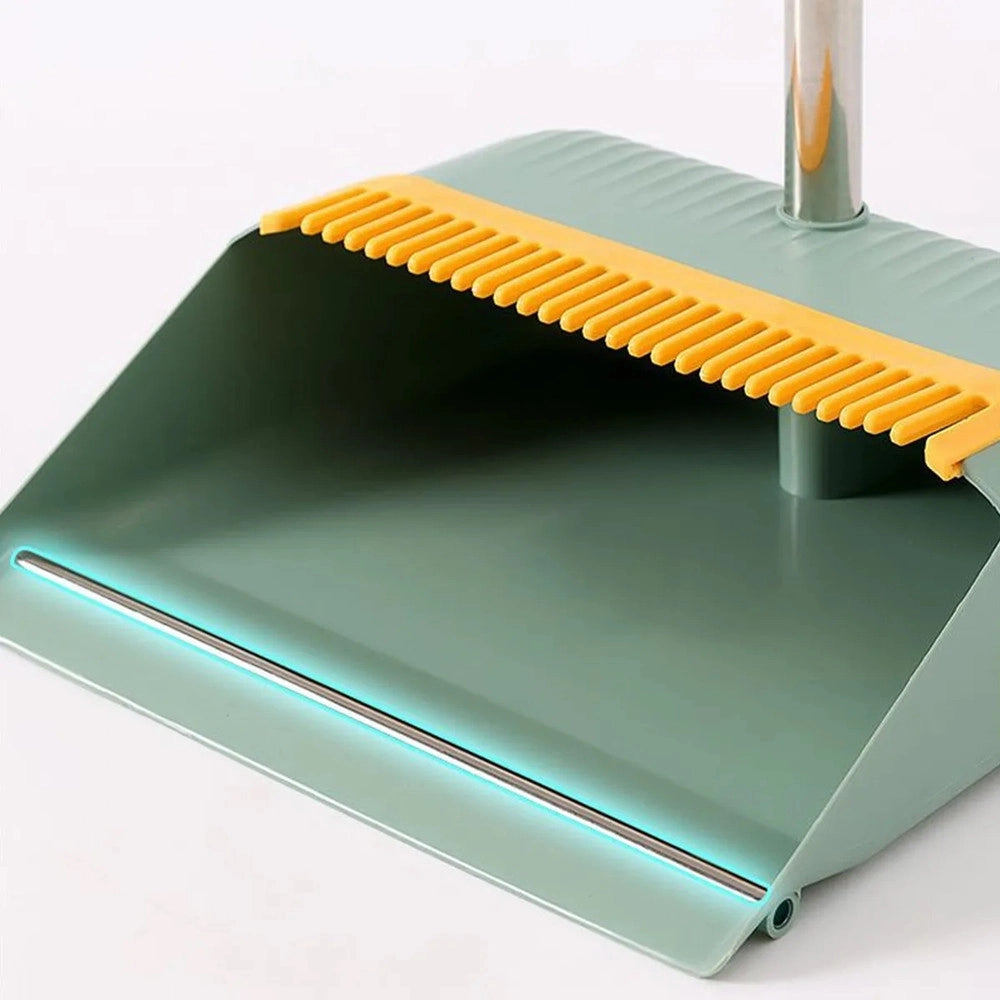 Trade Shop - Set Combinato Di Scopa + Paletta Con Denti 2 In 1 Con Manici In Acciaio Per Pulizia Casa -