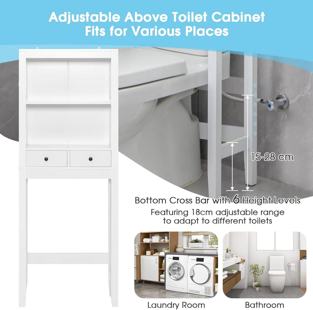 Scaffale per WC, in legno, per lavatrice, salvaspazio, sottile, 2 cassetti e 2 ripiani, colore: bianco