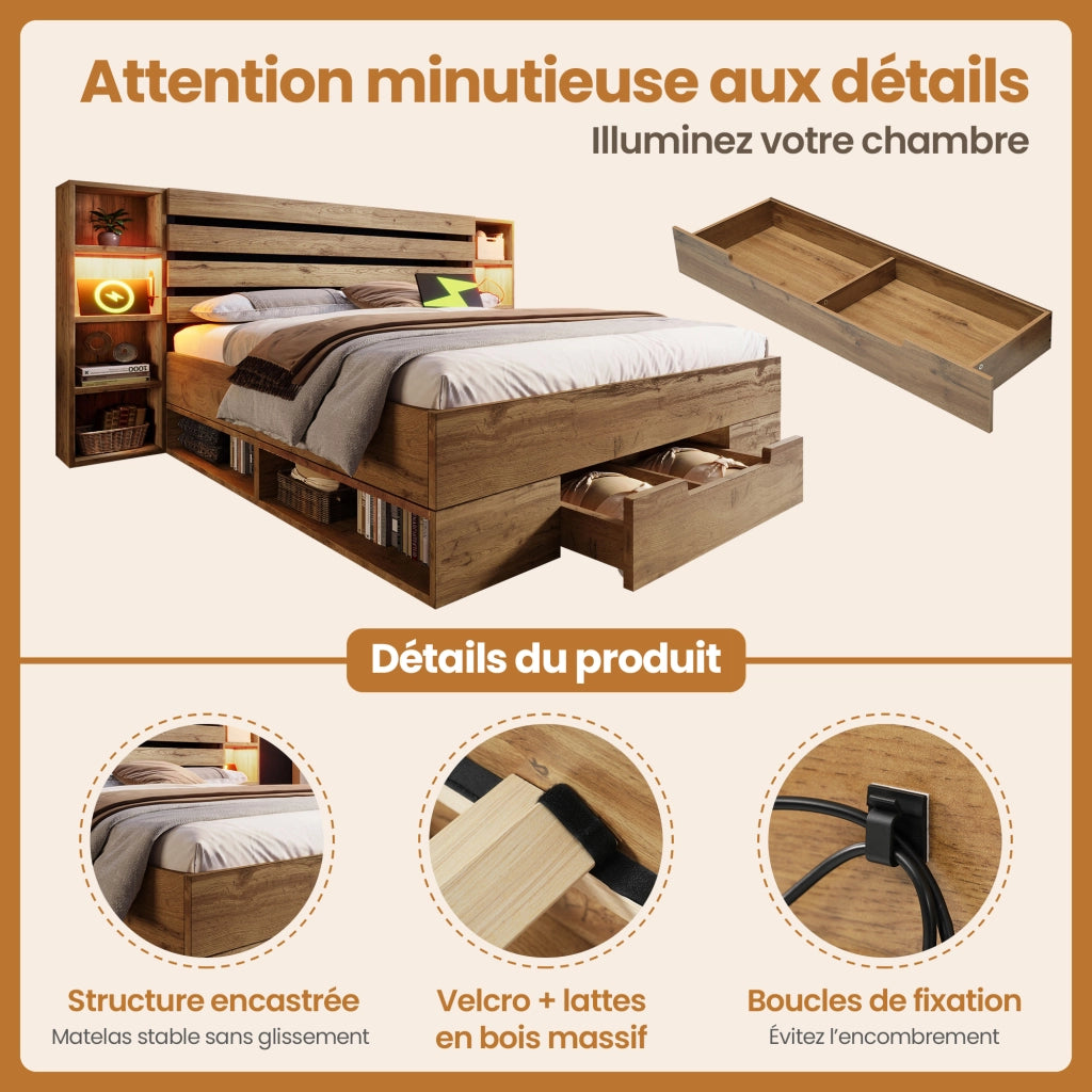 Letto Contenitore Letto Matrimoniale 180×200 cm; LED; USB e Tipo C; 2 Cassetti; senza Materasso; Rovere