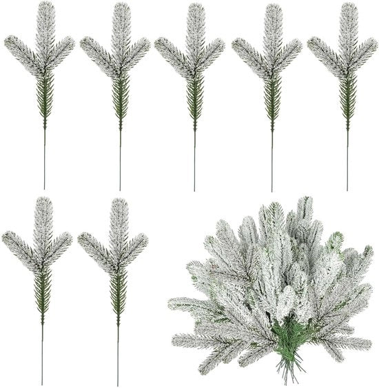 24 pezzi di aghi di pino artificiali, rami di pino artificiali lucidati a neve, aghi di pino artificiali per decorazione di Natale, aghi di pino artificiali, per slitta, decorazione di Natale e decorazione di giardino