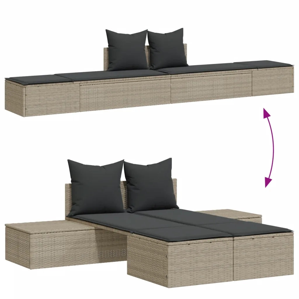 Lettino Prendisole | Sdraio da giardino | Lettino da sole Doppio con Cuscini Grigio Chiaro Polyrattan