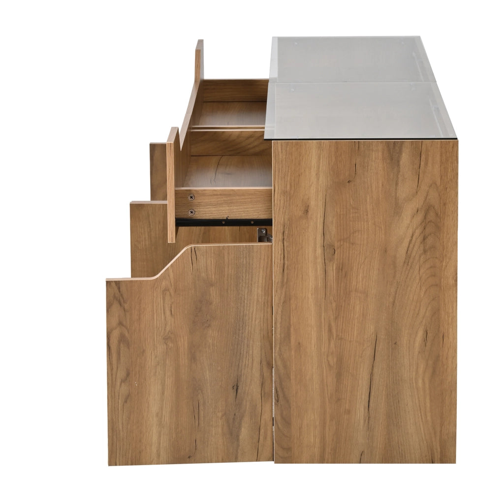 Credenza sideboard 140x40x70 cm in MDF con piano in vetro temperato, 2 cassetti, colore naturale