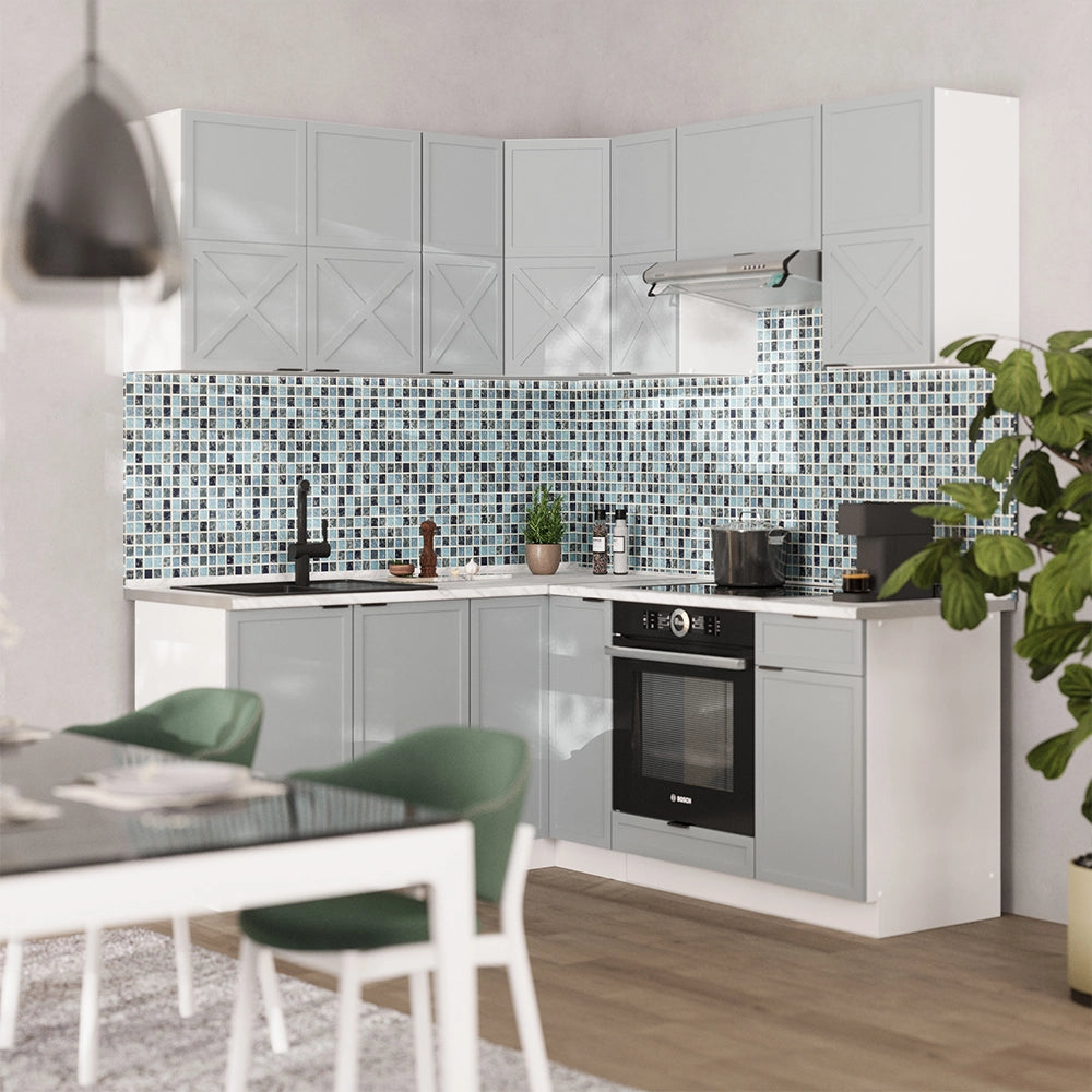 Vicco Cucina angolare completa Blu-grigio chiaro/bianco 160 x 60 cm senza piano di lavoro