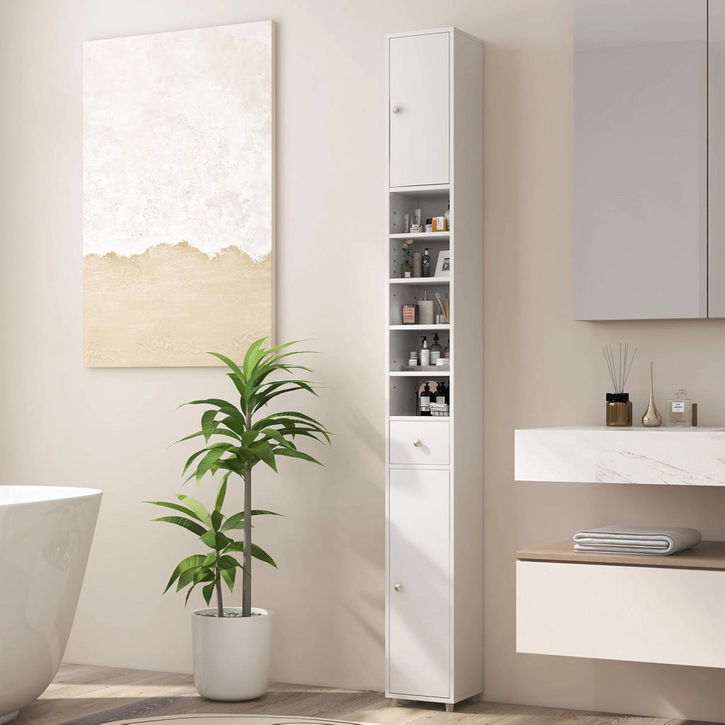 Armadio da Bagno Sottile e Alto con Ante, Mobiletto Bagno Salvaspazio Cassetto e Ripiani Regolabili, Design Moderno, 20 x 20 x 180 cm, 4 Colori