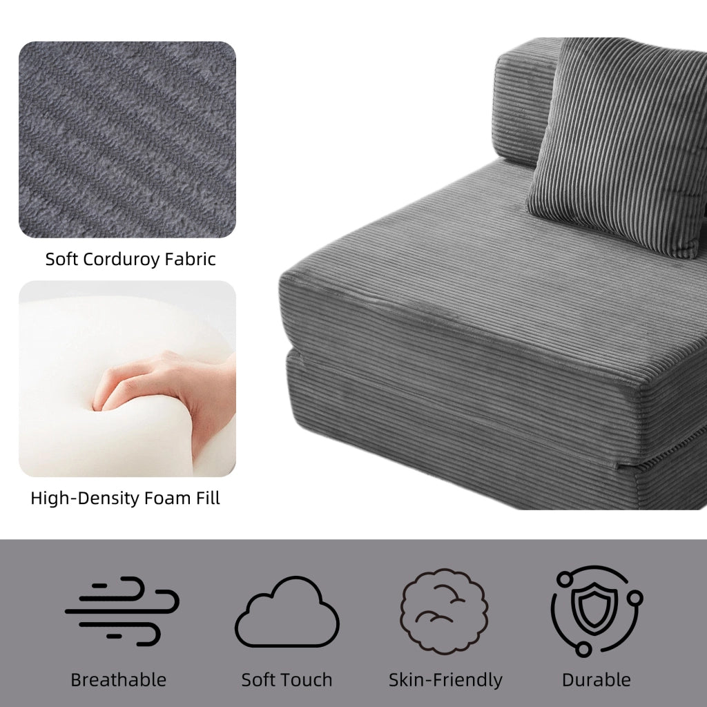 Divano letto convertibile da pavimento in tessuto a coste con design pieghevole e imbottitura in spugna grigio scuro