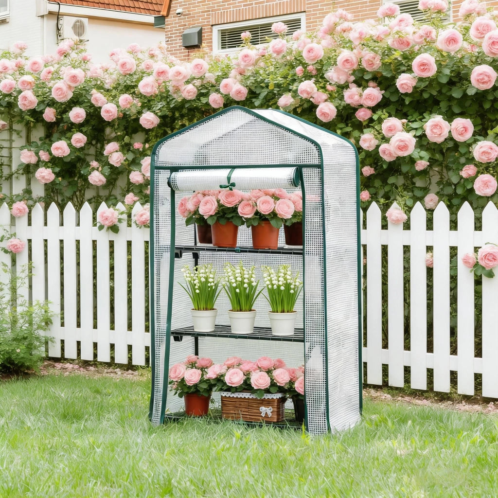 Semenzaio da giardino con porta arrotolabile in PE e struttura in metallo per balcone e terrazza bianco 69 × 49 × 125 cm