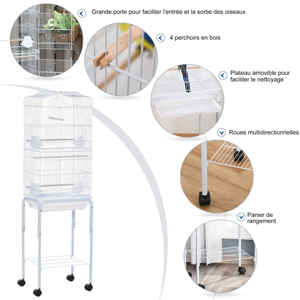 Gabbia per uccelli con ruote e tetto apribile ¨C zephmum ¨C bianco 46.5x36x157cm