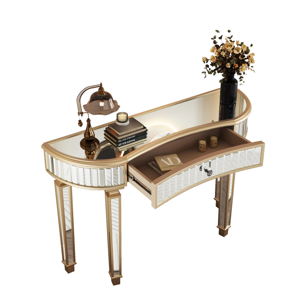 Consolle 120x38x78 cm con cassetto in MDF e vetro oro e argento
