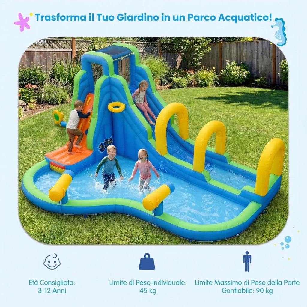 Castello Gonfiabile Per Bambini, Con Scivolo, Piscina e Muro Arrampicante, Per 4 Bambini 4-12anni, Con Borsa di Trasporto e Kit di Riparazione, Regalo Perfetto per Bambini (Senza soffiatore)