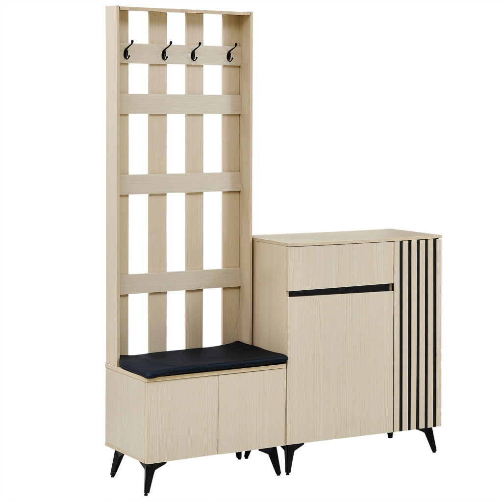 Mobili d'ingresso con panca; 4 ganci; 2 ante; 1 cassetto e ripiani regolabili; per ingresso e camera; legno; MDF